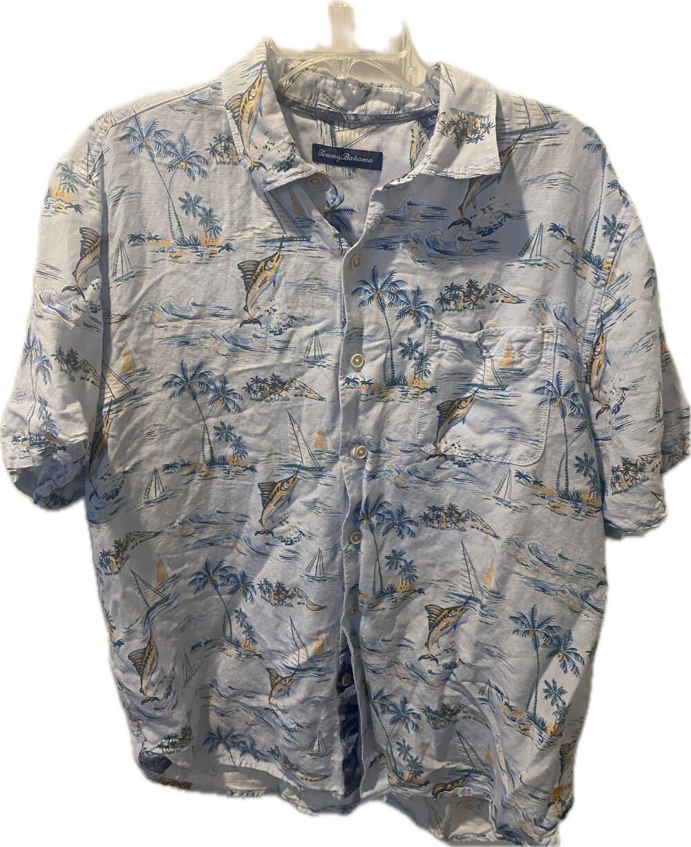 Tommy Bahama Sand Linen Sailfish Scenic Short Sleeve Camp Shirt Men's Large L/G